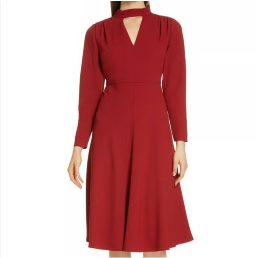 LEWIT Crimson Red Long Sleeve Midi Dress 0 | Elegant V-Neck Flared Silhouette |
